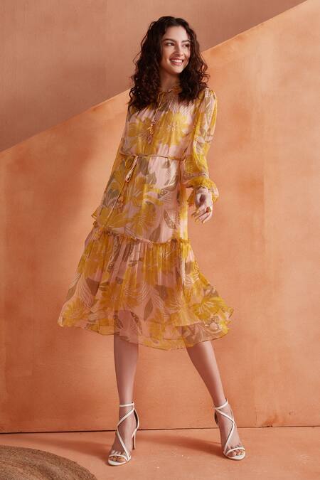 Buy_Label Deepika Nagpal_Yellow Chiffon, Lurex, Viscose Ruffles Bandeau Neck Martini Midi Dress_Online_at_Aza_Fashions