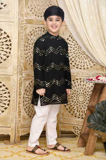 Buy_Saka Designs_Black Cotton Sequins, Embroidery Kurta Set_Online_at_Aza_Fashions