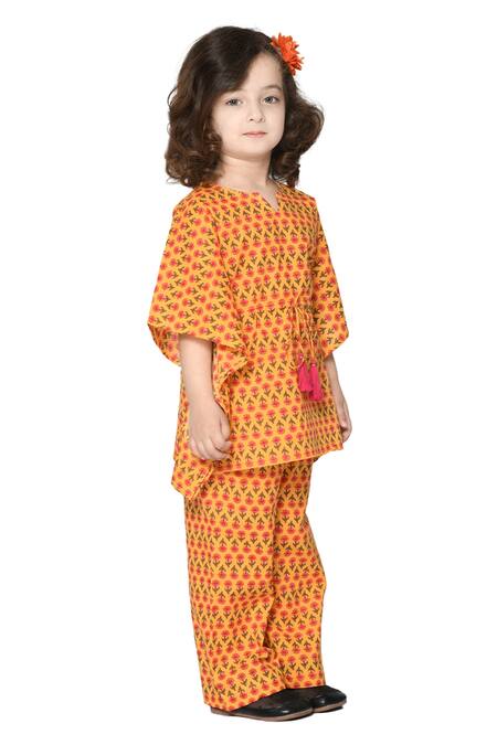 Buy_Saka Designs_Orange Cotton Tassels Flared Floral Printed Kaftan And Pant_Online_at_Aza_Fashions