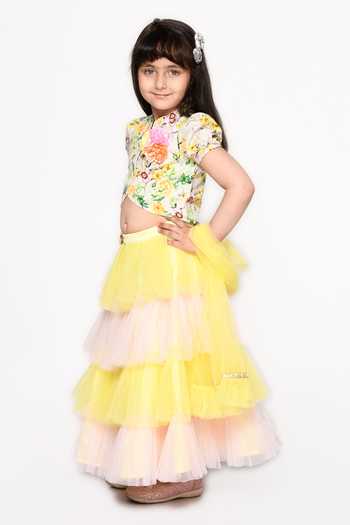 Buy_Saka Designs_Yellow Silk, Net, Cotton Fabric Flowers, Embroidery Ruffle Lehenga Choli Set_Online_at_Aza_Fashions
