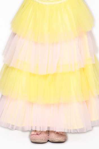 Shop_Saka Designs_Yellow Silk, Net, Cotton Fabric Flowers, Embroidery Ruffle Lehenga Choli Set_Online_at_Aza_Fashions