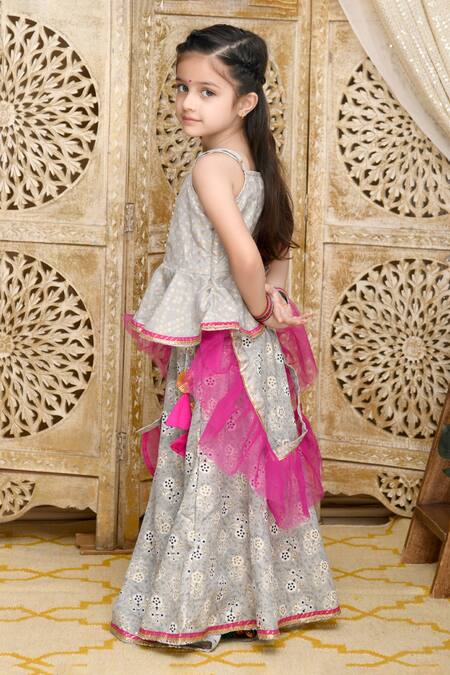 Saka Designs_Grey Cotton, Net Embroidery, Tassels Floral Print Lehenga Choli Set_Online_at_Aza_Fashions