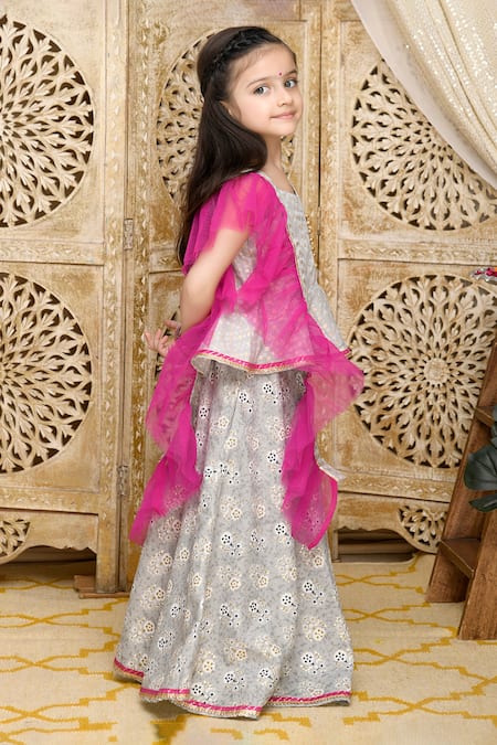 Buy_Saka Designs_Grey Cotton, Net Embroidery, Tassels Floral Print Lehenga Choli Set_Online_at_Aza_Fashions