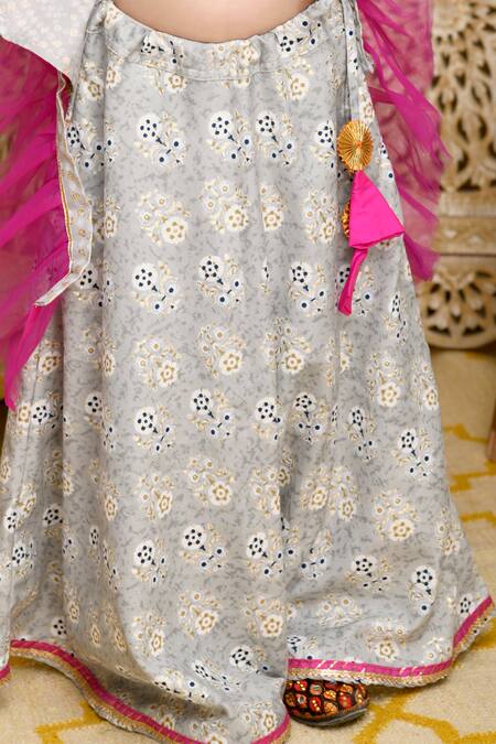 Shop_Saka Designs_Grey Cotton, Net Embroidery, Tassels Floral Print Lehenga Choli Set_Online_at_Aza_Fashions