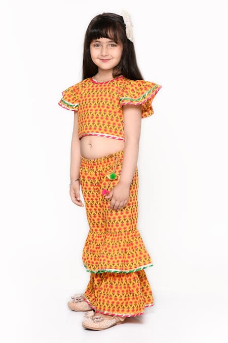 Buy_Saka Designs_Yellow Pure Cotton Floral Pattern Top And Sharara Set_Online_at_Aza_Fashions