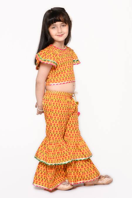 Shop_Saka Designs_Yellow Pure Cotton Floral Pattern Top And Sharara Set_Online_at_Aza_Fashions