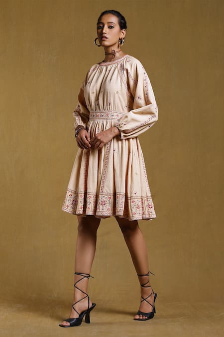 Ritu Kumar_Beige Cotton Flex Thread And Sequin Round Floral Embroidered Dress_Online_at_Aza_Fashions