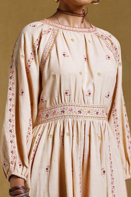 Shop_Ritu Kumar_Beige Cotton Flex Thread And Sequin Round Floral Embroidered Dress_Online_at_Aza_Fashions