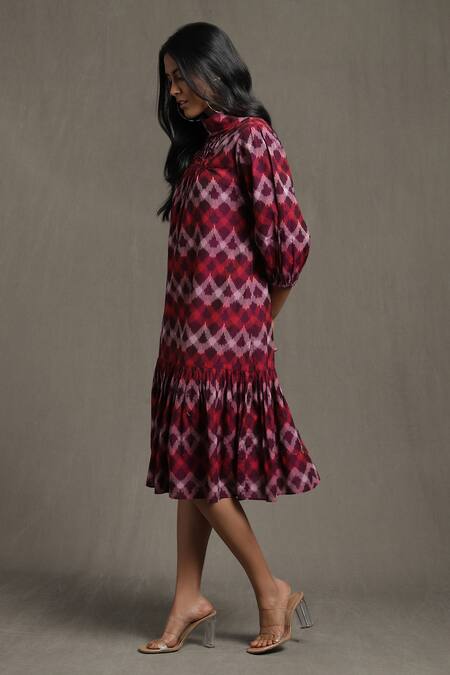 Ritu Kumar Purple Cotton High Neck Pleated And Ruffled Hem Dress Online at Aza Fashions Ritu Kumar_Purple Cotton High Neck Pleated And Ruffled Hem Dress_Online_at_Aza_Fashions