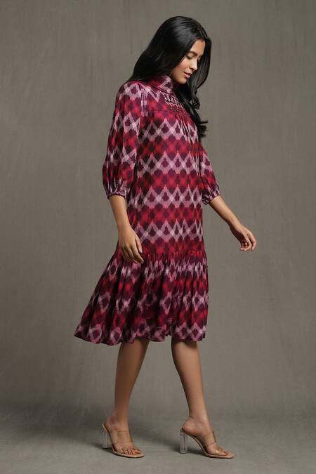 Buy Ritu Kumar Purple Cotton High Neck Pleated And Ruffled Hem Dress Online at Aza Fashions Buy_Ritu Kumar_Purple Cotton High Neck Pleated And Ruffled Hem Dress_Online_at_Aza_Fashions