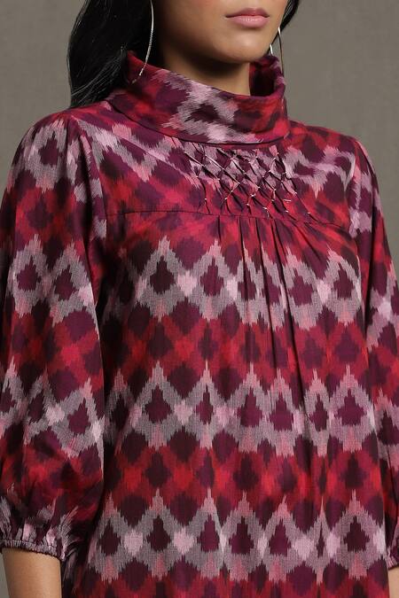 Shop Ritu Kumar Purple Cotton High Neck Pleated And Ruffled Hem Dress Online at Aza Fashions Shop_Ritu Kumar_Purple Cotton High Neck Pleated And Ruffled Hem Dress_Online_at_Aza_Fashions