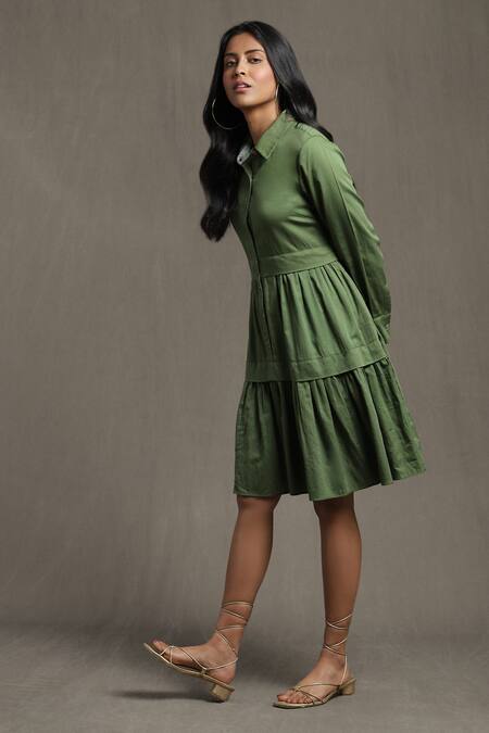 Ritu Kumar Green Cotton Satin Collared Ruffled Hem Shirt Dress Online at Aza Fashions Ritu Kumar_Green Cotton Satin Collared Ruffled Hem Shirt Dress_Online_at_Aza_Fashions
