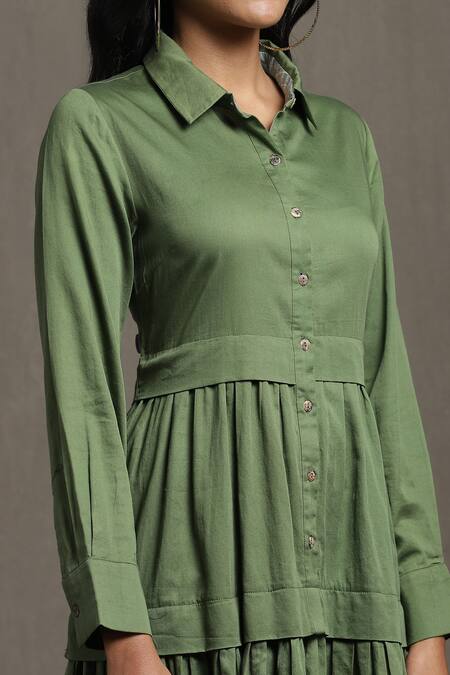 Shop Ritu Kumar Green Cotton Satin Collared Ruffled Hem Shirt Dress Online at Aza Fashions Shop_Ritu Kumar_Green Cotton Satin Collared Ruffled Hem Shirt Dress_Online_at_Aza_Fashions