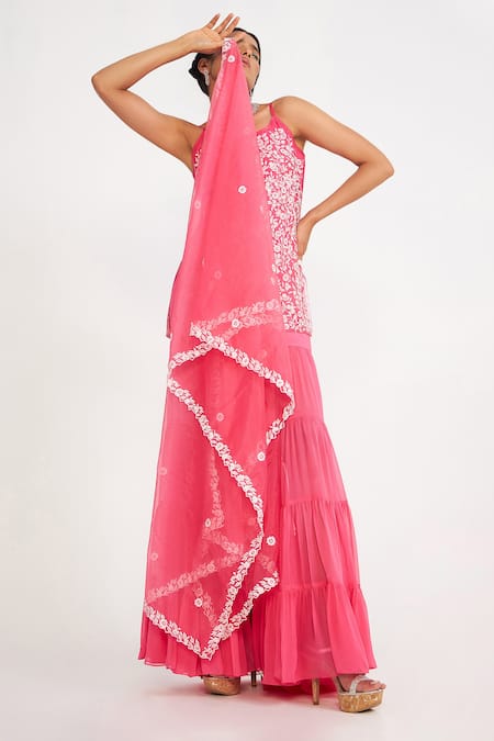 Shop Asaga Pink Organza, Chanderi, Georgette Embroidery Clover Floral Kurta Sharara Set Online at Aza Fashions Shop_Asaga_Pink Organza, Chanderi, Georgette Embroidery Clover Floral Kurta Sharara Set _Online_at_Aza_Fashions