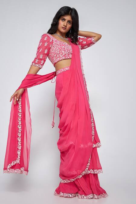 Asaga Pink Silk, Georgette Embroidery Sweetheart Neck Jolie Pre-draped Saree Online at Aza Fashions Asaga_Pink Silk, Georgette Embroidery Sweetheart Neck Jolie Pre-draped Saree _Online_at_Aza_Fashions