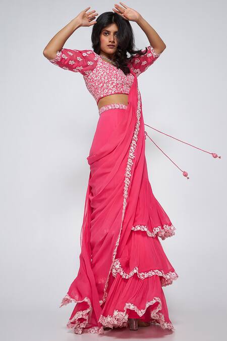 Buy Asaga Pink Silk, Georgette Embroidery Sweetheart Neck Jolie Pre-draped Saree Online at Aza Fashions Buy_Asaga_Pink Silk, Georgette Embroidery Sweetheart Neck Jolie Pre-draped Saree _Online_at_Aza_Fashions