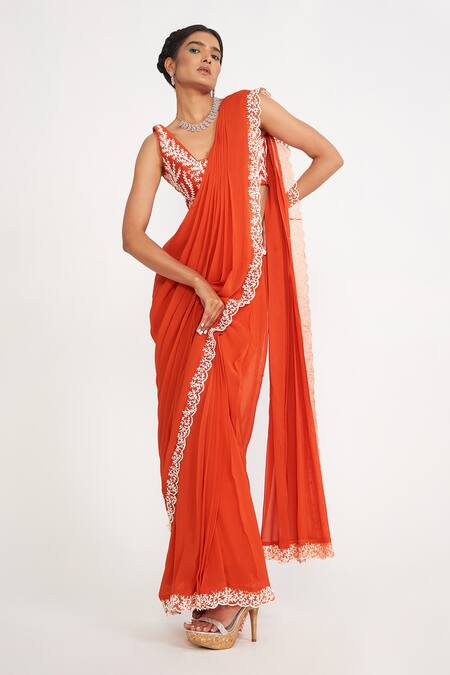 Asaga Orange Silk, Georgette, Linen Embroidery Zoe Leaf Blouse Pre-draped Saree Set at Aza Fashions Asaga_Orange Silk, Georgette, Linen Embroidery Zoe Leaf Blouse Pre-draped Saree Set _at_Aza_Fashions