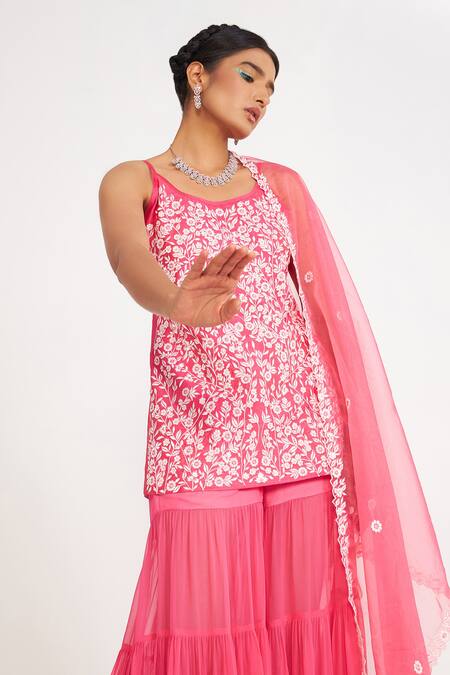 Asaga Pink Organza, Chanderi, Georgette Embroidery Clover Floral Kurta Sharara Set at Aza Fashions Asaga_Pink Organza, Chanderi, Georgette Embroidery Clover Floral Kurta Sharara Set _at_Aza_Fashions