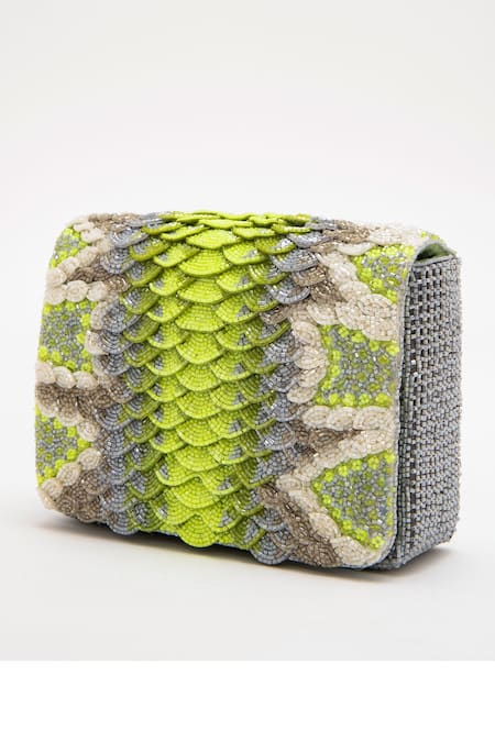 Doux Amour_Green Embellished Medusa Mini Scalloped Bag _Online_at_Aza_Fashions