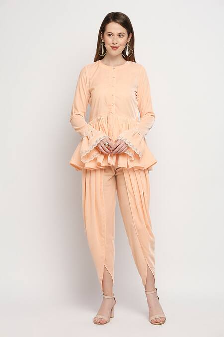 Monk & Mei By Sonia Anand Peach Velvet Lace Round Neck Flared Jacket And Dhoti Pant Set Online at Aza Fashions Monk & Mei By Sonia Anand_Peach Velvet Lace Round Neck Flared Jacket And Dhoti Pant Set _Online_at_Aza_Fashions