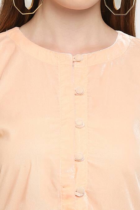 Shop Monk & Mei By Sonia Anand Peach Velvet Lace Round Neck Flared Jacket And Dhoti Pant Set Online at Aza Fashions Shop_Monk & Mei By Sonia Anand_Peach Velvet Lace Round Neck Flared Jacket And Dhoti Pant Set _Online_at_Aza_Fashions