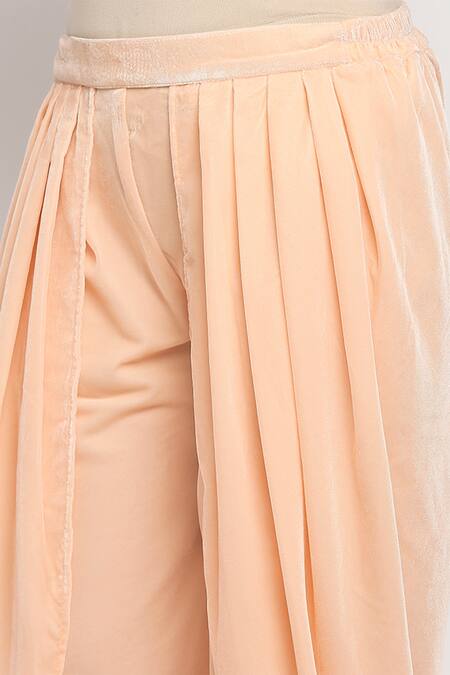Buy Monk & Mei By Sonia Anand Peach Velvet Lace Round Neck Flared Jacket And Dhoti Pant Set Buy_Monk & Mei By Sonia Anand_Peach Velvet Lace Round Neck Flared Jacket And Dhoti Pant Set