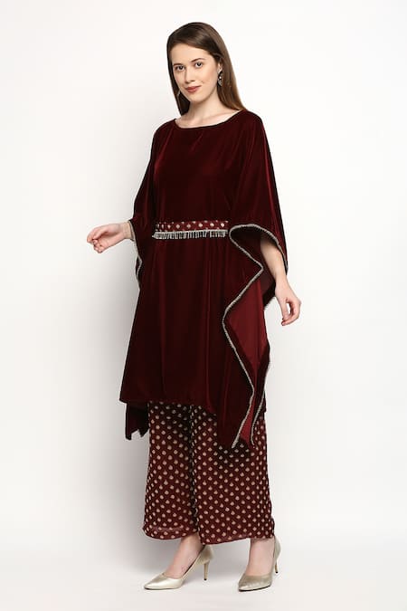 Monk & Mei By Sonia Anand_Maroon Velvet, Georgette Tassels Boat Neck Nuuh Kaftan And Palazzo Set _Online_at_Aza_Fashions