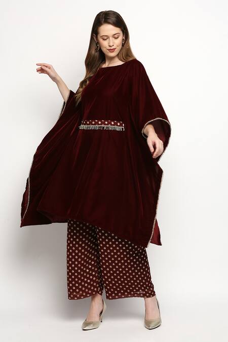 Buy_Monk & Mei By Sonia Anand_Maroon Velvet, Georgette Tassels Boat Neck Nuuh Kaftan And Palazzo Set _Online_at_Aza_Fashions