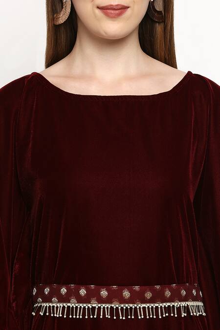 Shop_Monk & Mei By Sonia Anand_Maroon Velvet, Georgette Tassels Boat Neck Nuuh Kaftan And Palazzo Set _Online_at_Aza_Fashions