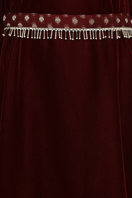 Monk & Mei By Sonia Anand_Maroon Velvet, Georgette Tassels Boat Neck Nuuh Kaftan And Palazzo Set _at_Aza_Fashions