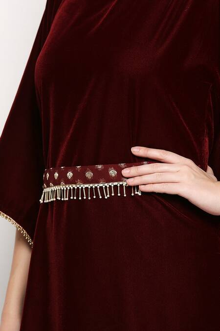 Monk & Mei By Sonia Anand Maroon Velvet Fringe, Embroidery One Shoulder Shakira Cowl Draped Dress at Aza Fashions Monk & Mei By Sonia Anand_Maroon Velvet Fringe, Embroidery One Shoulder Shakira Cowl Draped Dress_at_Aza_Fashions