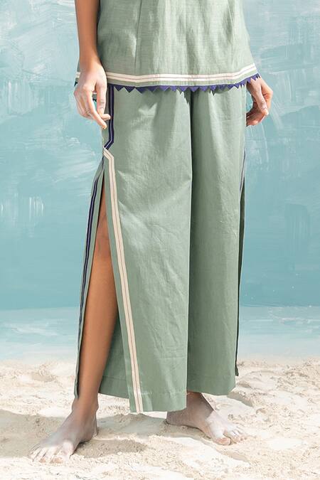 Ikai By Ragini Ahuja Green Cotton Applique, Cut Work Nile Cut-work High Slit Pant Online at Aza Fashions Ikai By Ragini Ahuja_Green Cotton Applique, Cut Work Nile Cut-work High Slit Pant_Online_at_Aza_Fashions
