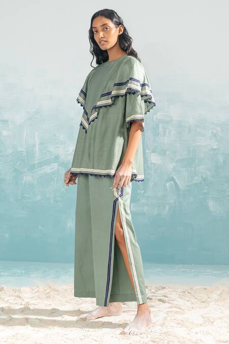 Buy Ikai By Ragini Ahuja Green Cotton Applique, Cut Work Nile Cut-work High Slit Pant Online at Aza Fashions Buy_Ikai By Ragini Ahuja_Green Cotton Applique, Cut Work Nile Cut-work High Slit Pant_Online_at_Aza_Fashions