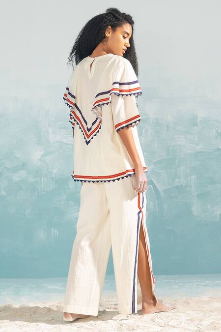 Ikai By Ragini Ahuja_Ivory Cotton Embroidery Nile High Slit Pant_Online_at_Aza_Fashions