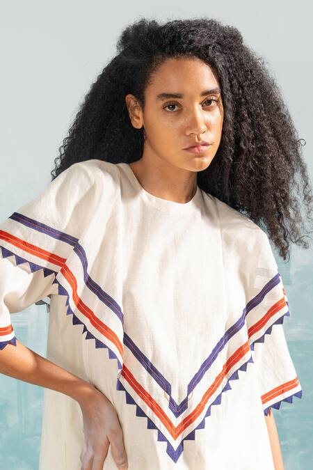 Ikai By Ragini Ahuja Ivory Cotton, Silk, Chanderi Embroidery Round Neck Nile Shoulder Frill Top Online at Aza Fashions Ikai By Ragini Ahuja_Ivory Cotton, Silk, Chanderi Embroidery Round Neck Nile Shoulder Frill Top_Online_at_Aza_Fashions