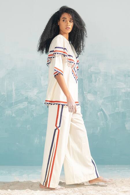 Shop_Ikai By Ragini Ahuja_Ivory Cotton Embroidery Nile High Slit Pant_Online_at_Aza_Fashions