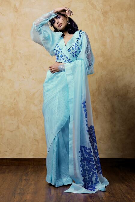 Shop_Shilpi Gupta_Blue Organza Embroidery Collared Saree With Patchwork Blouse _Online_at_Aza_Fashions