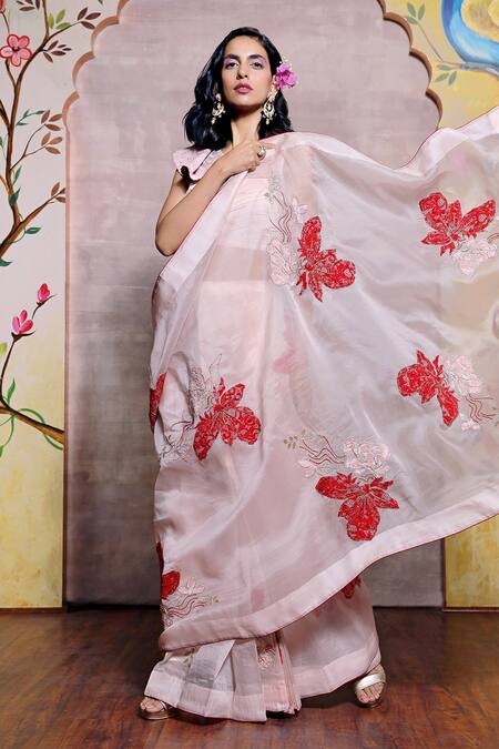Shilpi Gupta_Pink Organza Embroidery, Beads Round Neck Saree With Blouse _Online_at_Aza_Fashions