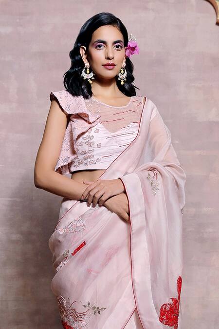 Buy_Shilpi Gupta_Pink Organza Embroidery, Beads Round Neck Saree With Blouse _Online_at_Aza_Fashions