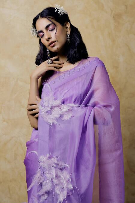 Shilpi Gupta_Purple Organza Feathers, Sequins Round Neck Embroidered Saree With Blouse _Online_at_Aza_Fashions