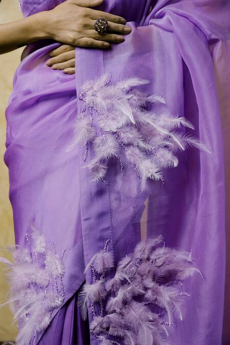 Buy_Shilpi Gupta_Purple Organza Feathers, Sequins Round Neck Embroidered Saree With Blouse _Online_at_Aza_Fashions