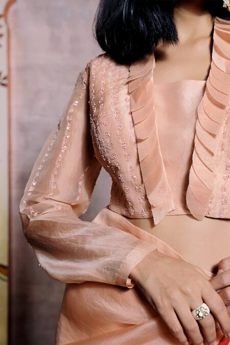 Shilpi Gupta Peach Organza Embroidery, Beads Saree Set Online at Aza Fashions Shilpi Gupta_Peach Organza Embroidery, Beads Saree Set _Online_at_Aza_Fashions