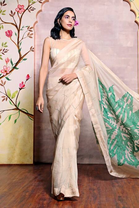 Shilpi Gupta_Beige Organza Patchwork, Applique Round Neck Embroidered Saree With Blouse _Online_at_Aza_Fashions