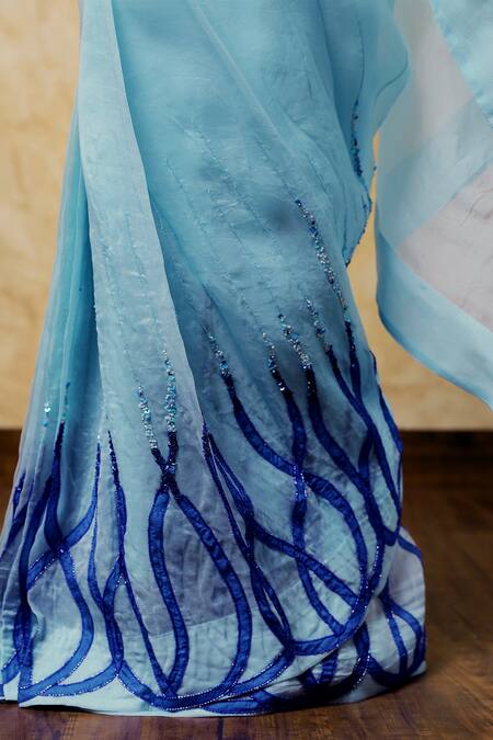 Buy_Shilpi Gupta_Blue Organza Embroidery, Cut Work Round Neck Saree With Floral Detail Blouse _Online_at_Aza_Fashions