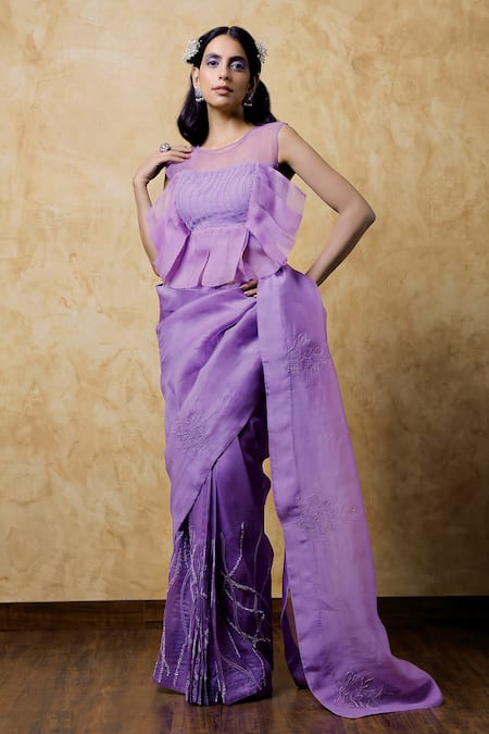 Buy_Shilpi Gupta_Purple Organza Beads, Embroidery Round Neck Saree With Frill Detail Blouse _Online_at_Aza_Fashions