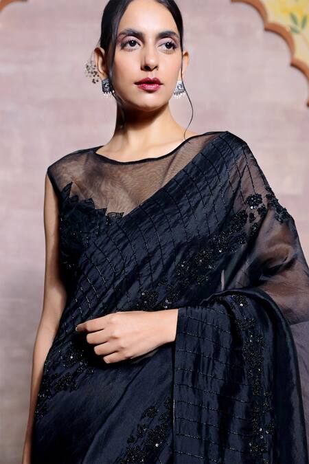 Shilpi Gupta_Black Organza Embroidery Glass Cut-dana Round Saree With Blouse  _Online_at_Aza_Fashions