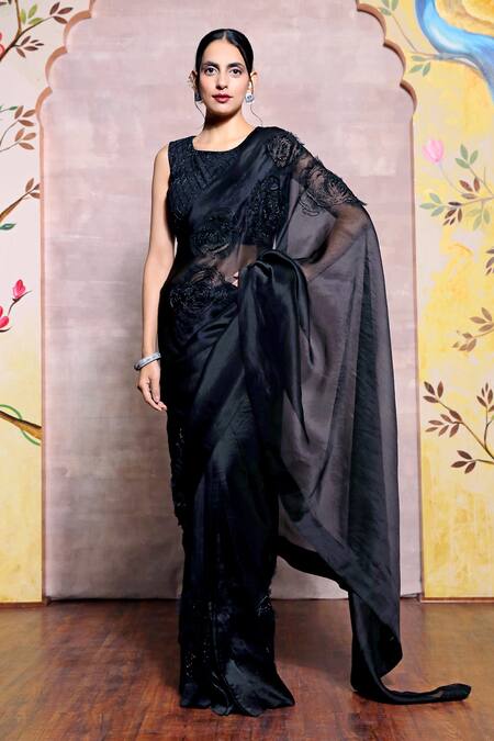 Buy_Shilpi Gupta_Black Organza Embroidery Glass Cut-dana Rose Motifs Saree With Blouse  _Online_at_Aza_Fashions