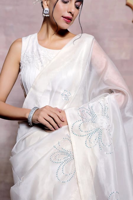 Buy White Organza Embroidery Resham Work Square Floral Saree With