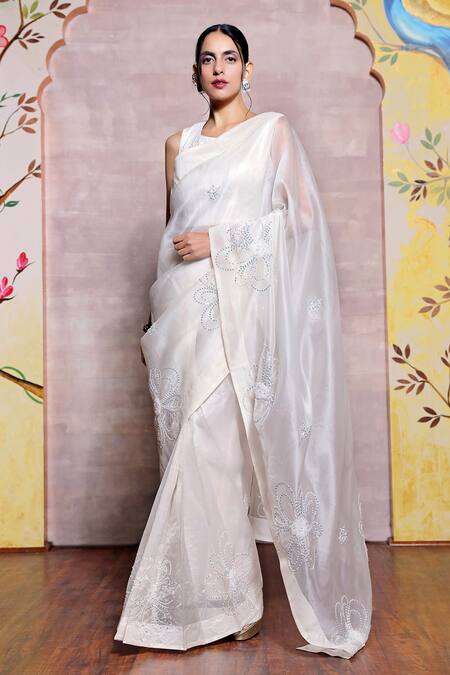 Shop_Shilpi Gupta_White Organza Embroidery Square Neck Floral Saree With Blouse _Online_at_Aza_Fashions