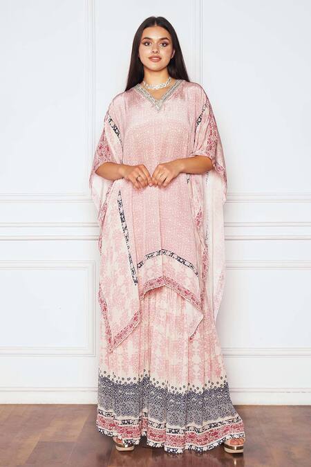 Sakshi Girri_Pink Crepe Stones V-neck Vintage Print Kaftan And Sharara Set _Online_at_Aza_Fashions